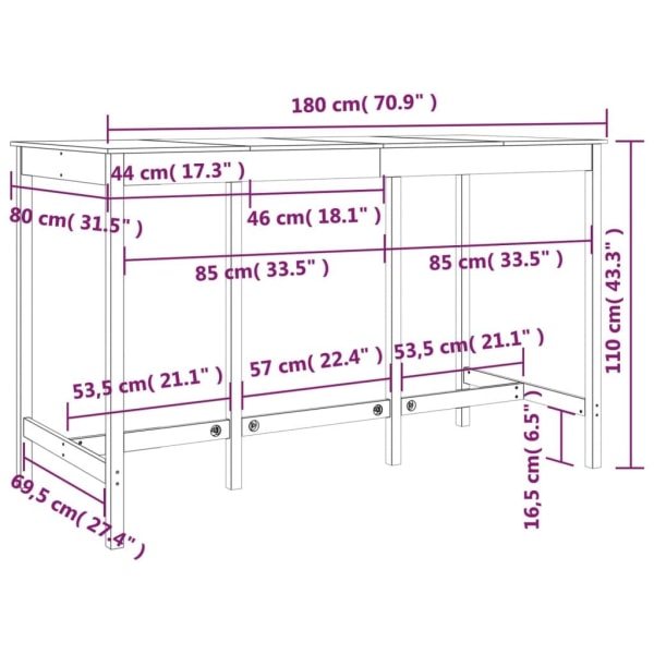 vidaXL Barbord 180x80x110 cm massiv furu Brun