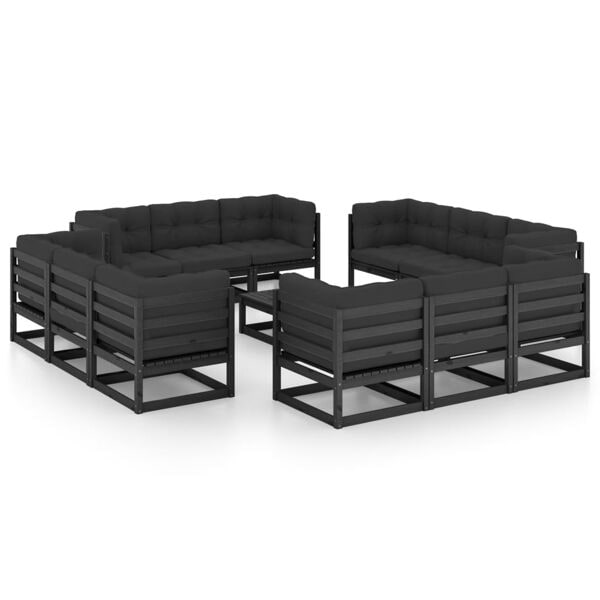 vidaXL Loungegrupp med dynor 13 delar massiv furu Svart