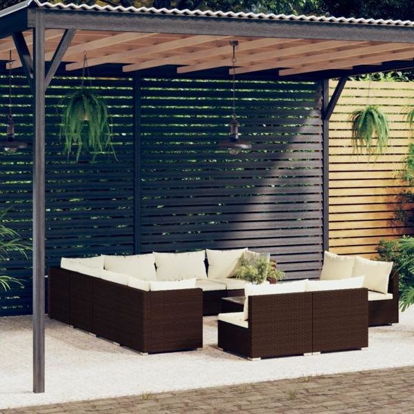 vidaXL Loungegrupp för trädgården m. dynor 12 delar brun konstro Brun