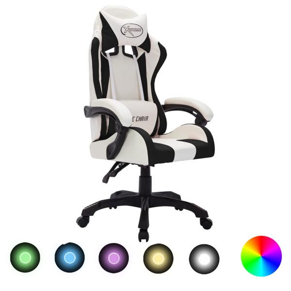 vidaXL Gamingstol med RGB LED-lampor vit och svart konstläder multifärg