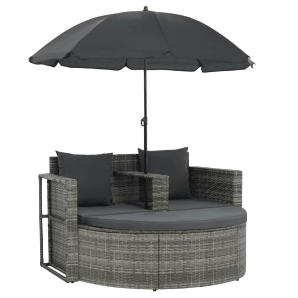 vidaXL Trädgårdssoffa 2-sits med dynor & parasoll konstrotting g grå