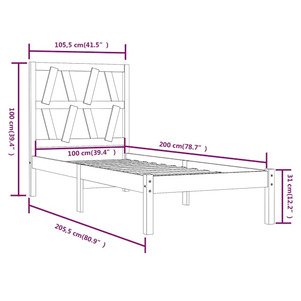 vidaXL Sängram grå massiv furu 100x200 cm enkelsäng