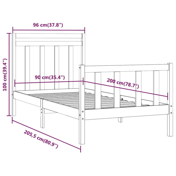 vidaXL Sängram svart massivt trä 90x200 cm enkelsäng Svart