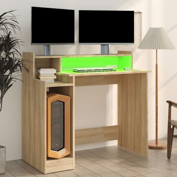 vidaXL Skrivbord med LED sonoma-ek 97x45x90 cm konstruerat trä Brun