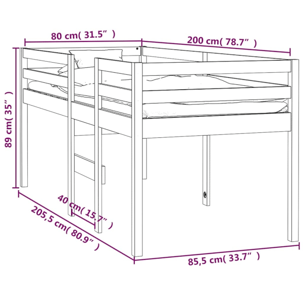 vidaXL Hög säng Vit 80x200 cm massiv furu Vit