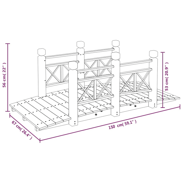 vidaXL Trädgårdsbro med räcken 150x67x56cm massivt granträ Brun