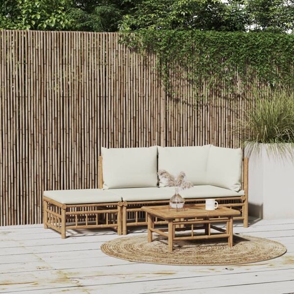vidaXL Loungegrupp för trädgården med gräddvita dynor 3 delar bambu Brun