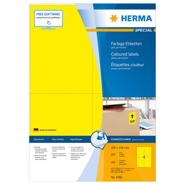 HERMA Permanenta etiketter A4 105x148 mm 100 ark gul