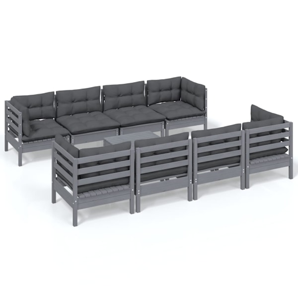 vidaXL Loungegrupp med dynor 9 delar massiv furu grå
