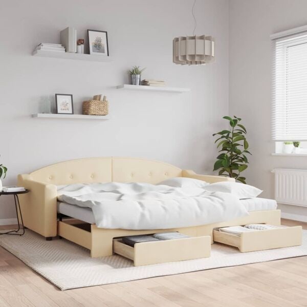 vidaXL Dagbädd utdragbar med lådor gräddvit 90x200 cm tyg Kräm
