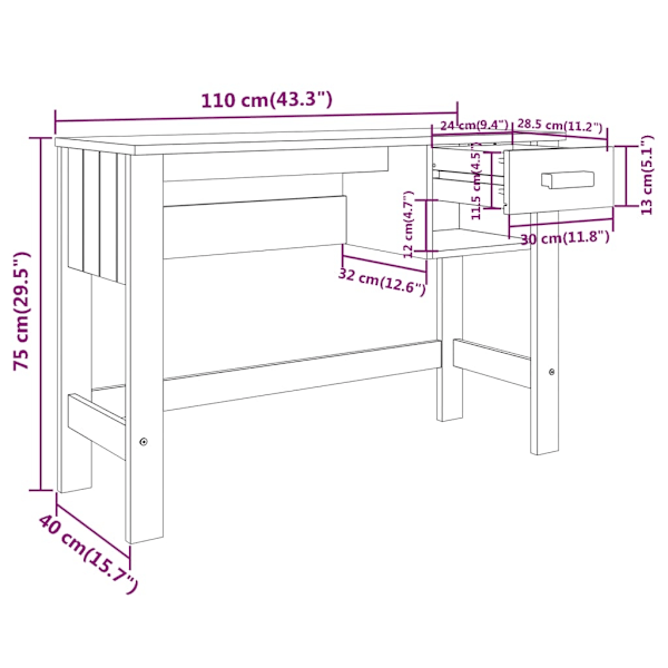 vidaXL Skrivbord HAMAR ljusgrå 110x40x75 cm massiv furu grå
