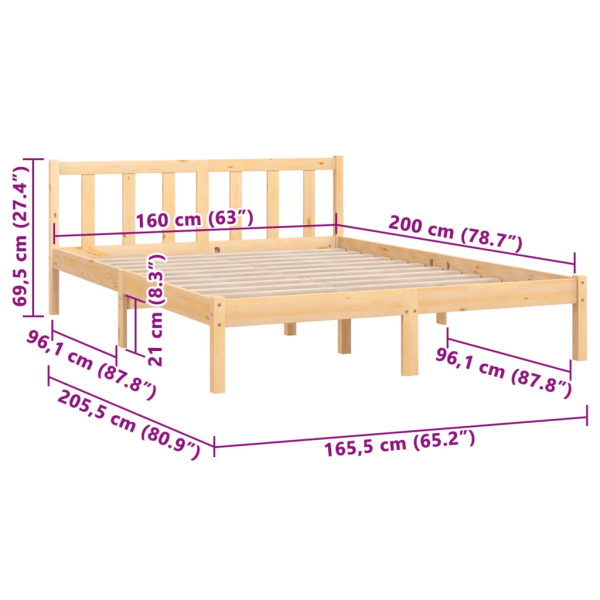 vidaXL Sängram massiv furu 160x200 cm Brun