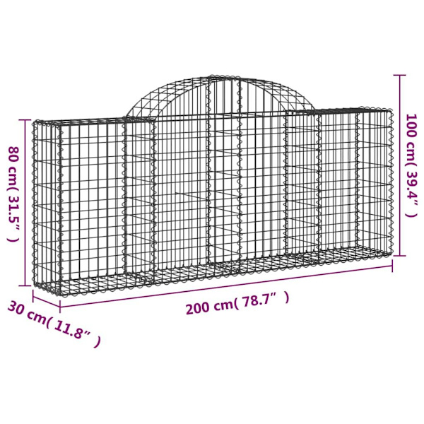 vidaXL Gabioner bågformade 10 st 200x30x80/100 cm galvaniserat järn Silver