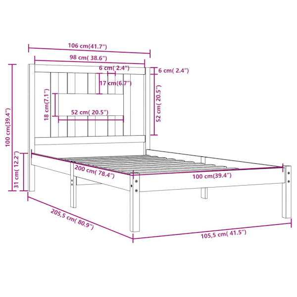 vidaXL Sängram massiv furu 100x200 cm Brun