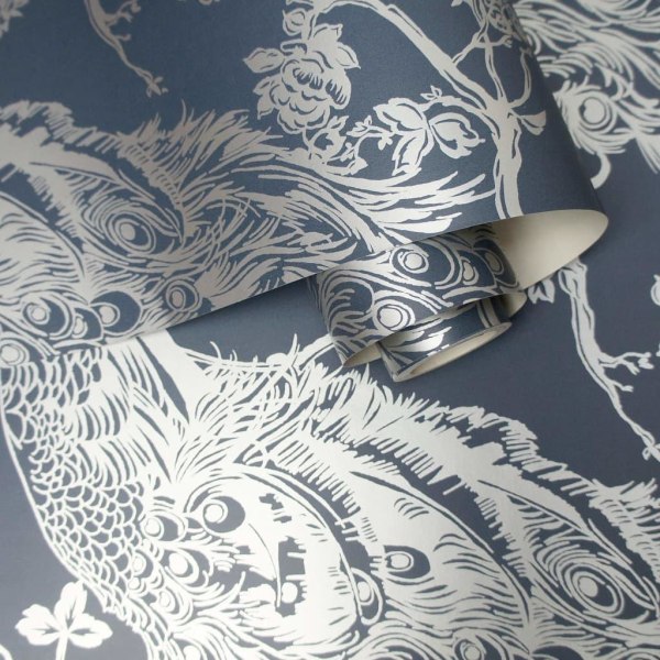 DUTCH WALLCOVERINGS Tapet påfågel marinblå och silver multifärg