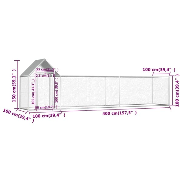 vidaXL Hönsbur 5x1x1,5 m galvaniserat stål Silver