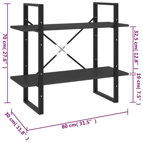 vidaXL Bokhylla 2 hyllplan grå 80x30x70 cm konstruerat trä grå