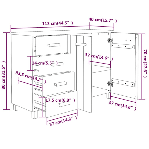 vidaXL Skänk HAMAR vit 113x40x80 cm massiv furu Vit