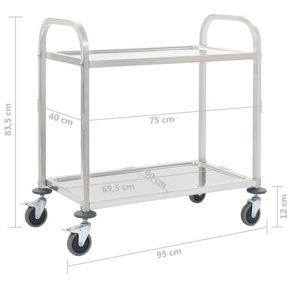 vidaXL Serveringsvagn 2 våningar 95x45x83,5 cm rostfritt stål Silver