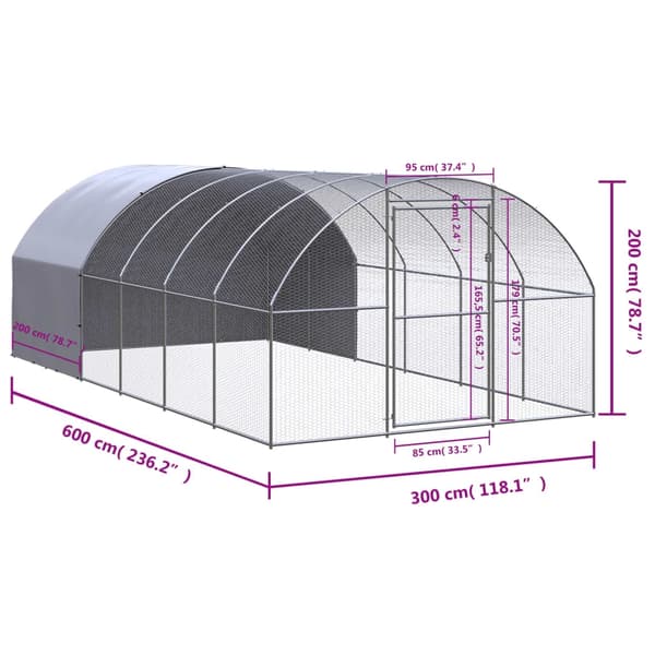 vidaXL Hönsbur för utomhusbruk 3x6x2 m galvaniserat stål Silver