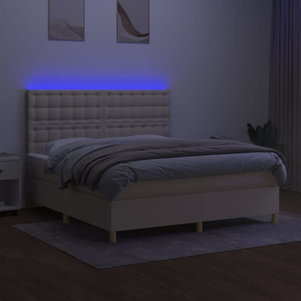 vidaXL Ramsäng med madrass & LED gräddvit 160x200 cm tyg Kräm