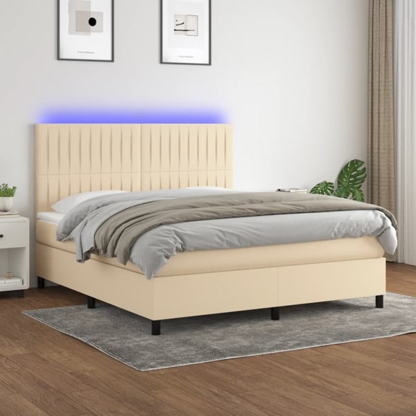 vidaXL Ramsäng med madrass & LED gräddvit 160x200 cm tyg Kräm