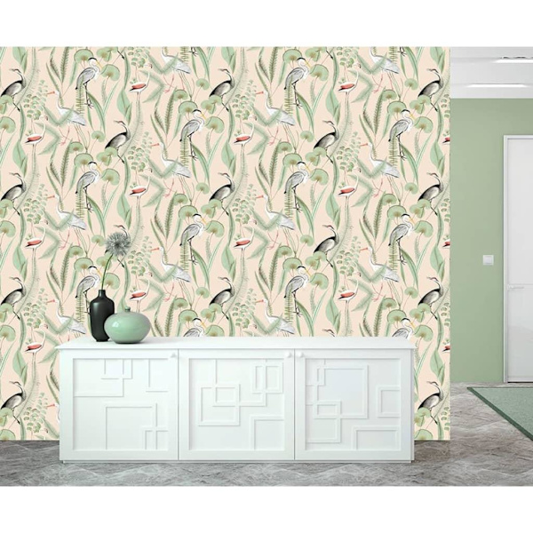 DUTCH WALLCOVERINGS Tapet Flamingo gräddvit och mintgrön multifärg