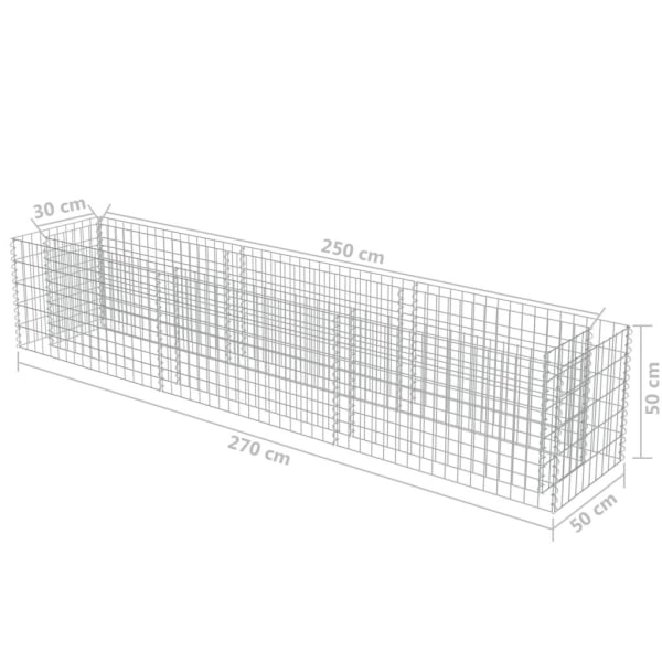 vidaXL Planteringsgabion upphöjd galvaniserat stål 270x50x50 cm Silver