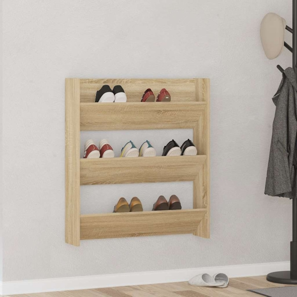 vidaXL Väggmonterat skoställ sonoma-ek 80x18x90 cm konstruerat trä Brun