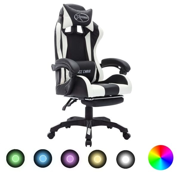 vidaXL Gamingstol med RGB LED-lampor vit och svart konstläder multifärg