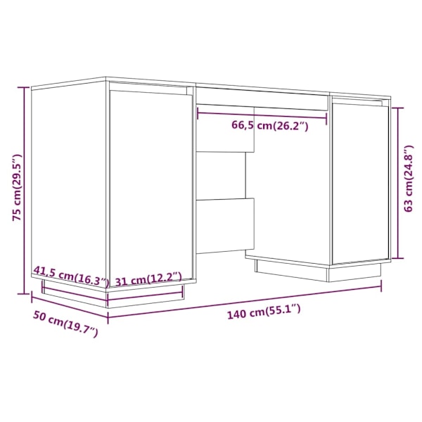 vidaXL Skrivbord 140x50x75 cm massiv furu Brun