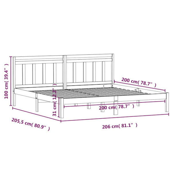 vidaXL Sängram grå massiv furu 200x200 cm Grå