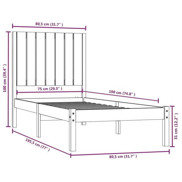 vidaXL Sängram vit massivt trä 75x190 cm Vit