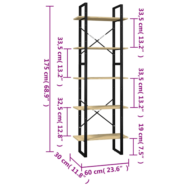 vidaXL Bokhylla 5 hyllplan 60x30x175 cm massiv furu Brun