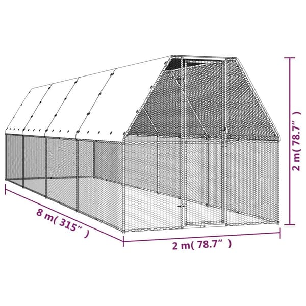 vidaXL Hönsbur för utomhusbruk 2x8x2 m galvaniserat stål Silver