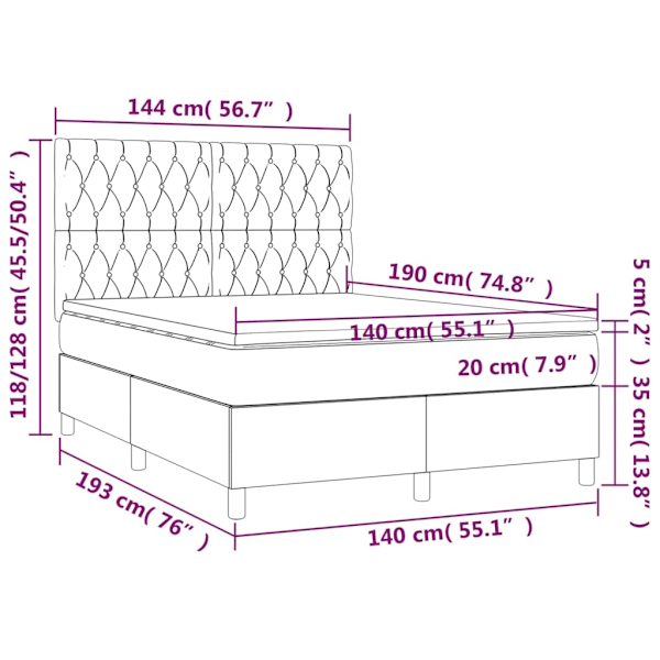 vidaXL Ramsäng med madrass & LED mörkgrå 140x190 cm sammet Grå