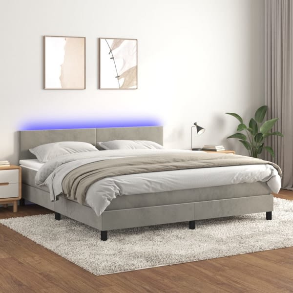 vidaXL Ramsäng med madrass & LED ljusgrå 160x200 cm sammet Grå
