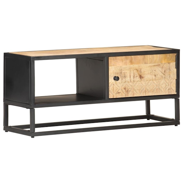 vidaXL TV-bänk med snidad dörr 90x30x40 cm grovt mangoträ Brun