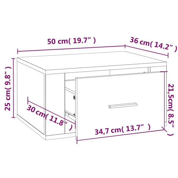 vidaXL Väggmonterat sängbord rökfärgad ek 50x36x25 cm Brun
