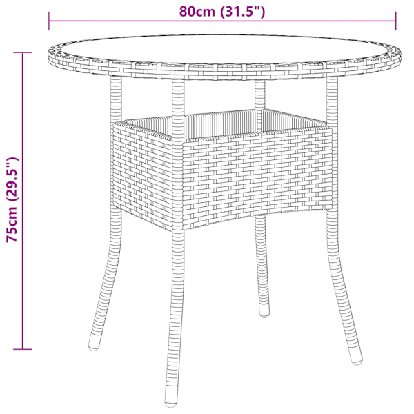 vidaXL Trädgårdsbord Ø80x75 cm härdat glas och konstrotting svart Svart