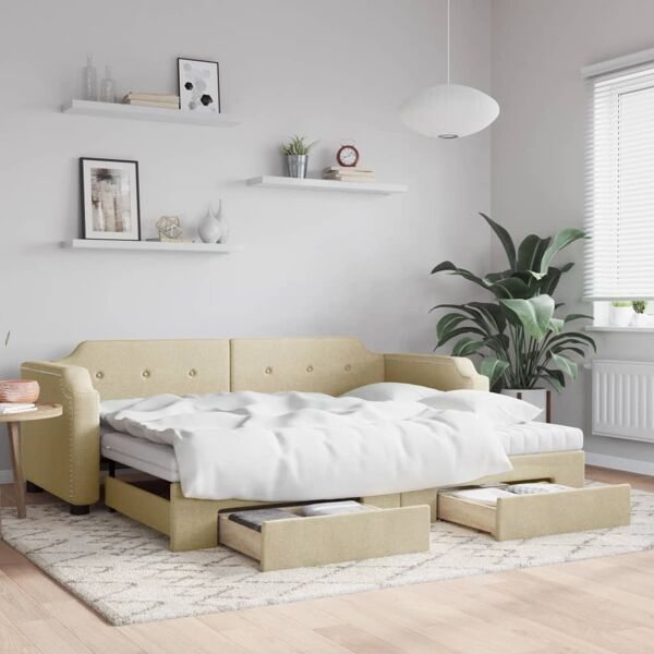 vidaXL Dagbädd utdragbar med lådor gräddvit 100x200 cm tyg Kräm