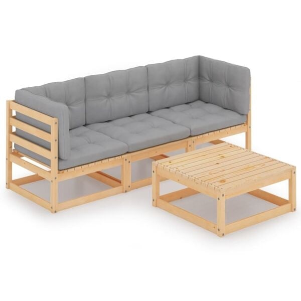 vidaXL Loungegrupp med dynor 4 delar massiv furu grå