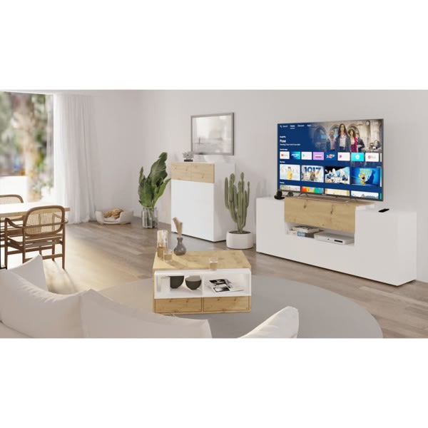 FMD Tv-/HiFi-bänk 182x33x70,2 cm vit och ek Flerfärgsdesign