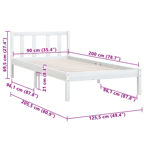 vidaXL Sängram vit massiv furu 90x200 cm Vit