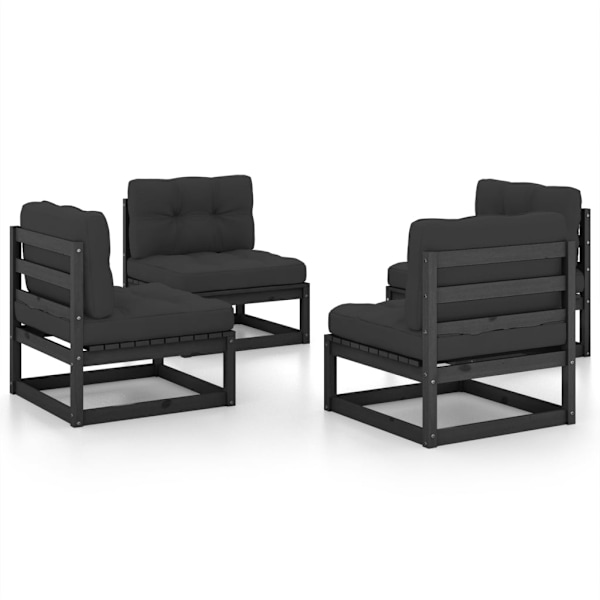 vidaXL Loungegrupp med dynor 4 delar massiv furu Svart