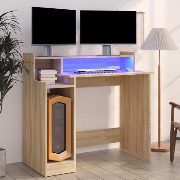 vidaXL Skrivbord med LED sonoma-ek 97x45x90 cm konstruerat trä Brun