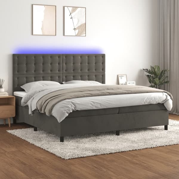 vidaXL Ramsäng med madrass & LED mörkgrå 200x200 cm sammet Grå
