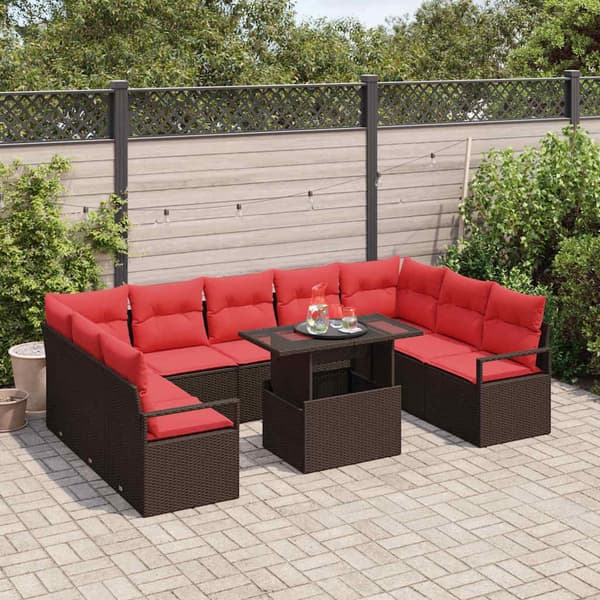 vidaXL Trädgårdsoffset med lagring 10 pcs Brun och Röd Poly rattan Brun