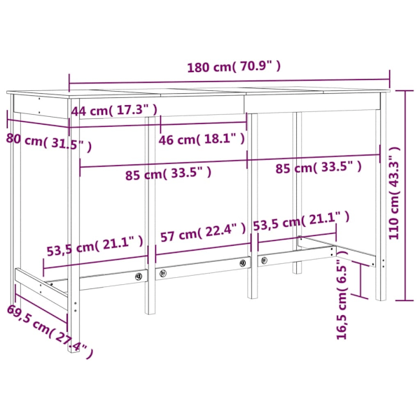 vidaXL Barbord 180x80x110 cm massiv furu Brun