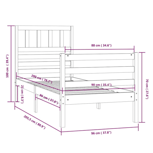 vidaXL Sängram svart massivt trä 90x200 cm enkelsäng Svart